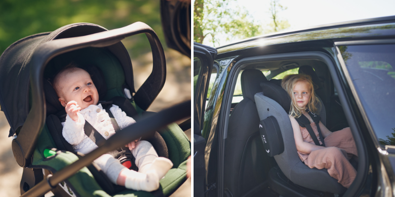 A side to side picture. Left picture is of a baby in a baby seat, the right picture is of a car with a child sitting rear facing in a car seat.