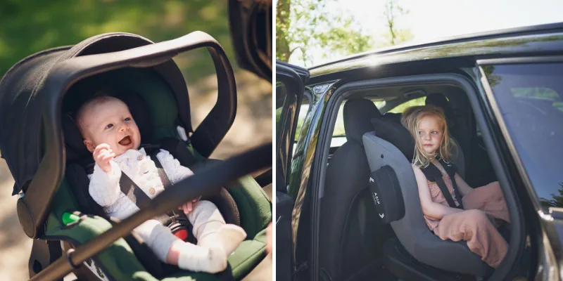 Een foto van links naar rechts. Links een baby in een babystoeltje, rechts een auto met daarin een kind dat achterwaarts in een autostoel zit.