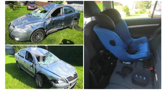 3 pictures showing the car upright after the crash. 